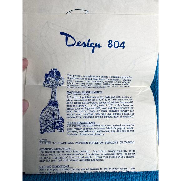 Sewing pattern 804 Long neck Plush cat 1950s 16in tall - Picture 2 of 5